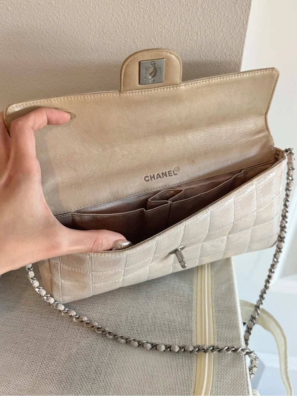 CHANEL Cream East West Flap Shoulder Bag with Silver Hardware